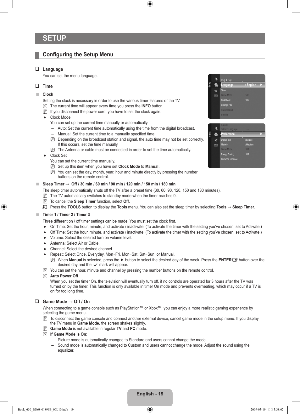 Setup, Configuring the setup menu | Samsung LE22B650T6W User Manual | Page 21 / 288