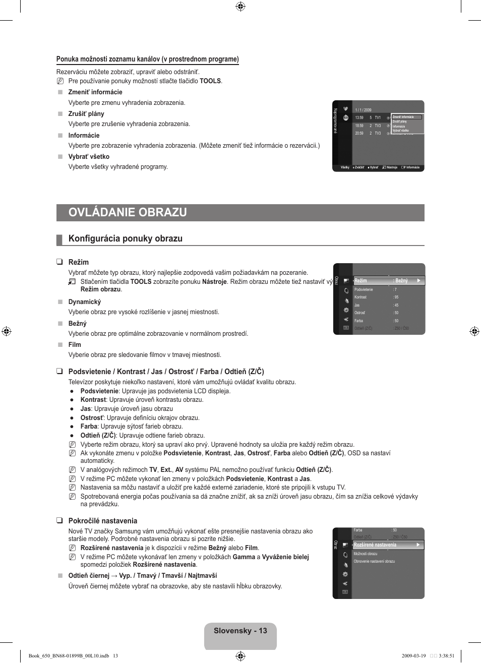 Ovládanie obrazu, Konfigurácia ponuky obrazu, Režim | Pokročilé nastavenia | Samsung LE22B650T6W User Manual | Page 211 / 288
