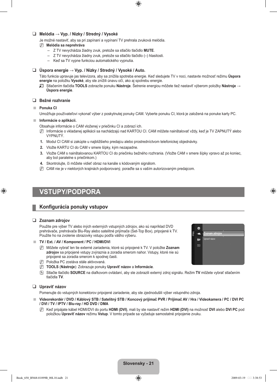 Vstupy/podpora, Konfigurácia ponuky vstupov | Samsung LE22B650T6W User Manual | Page 219 / 288