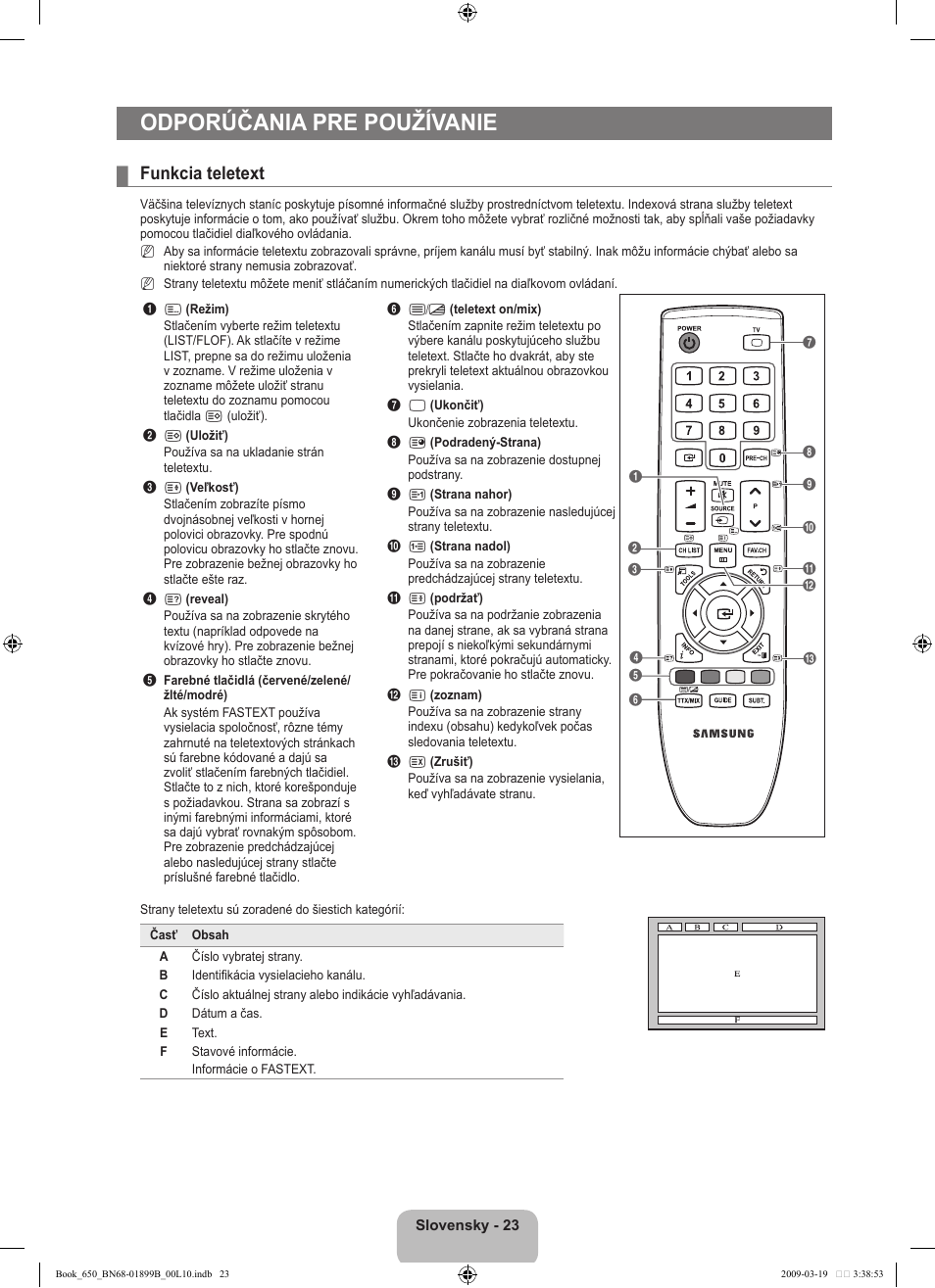 Odporúčania pre používanie, Funkcia teletext | Samsung LE22B650T6W User Manual | Page 221 / 288