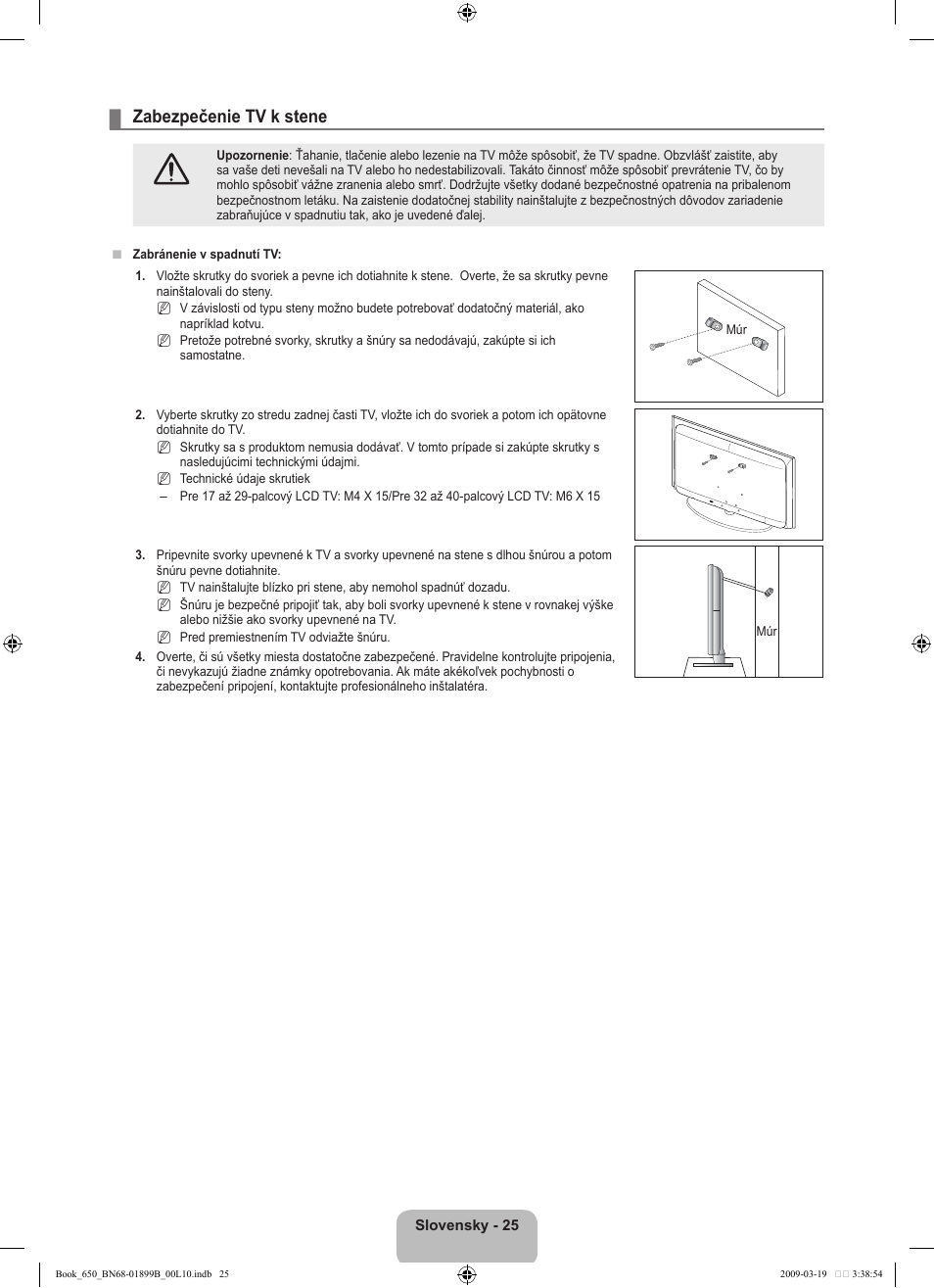 Zabezpečenie tv k stene | Samsung LE22B650T6W User Manual | Page 223 / 288