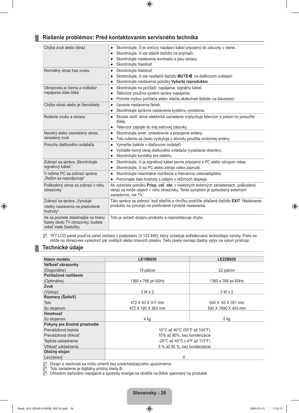 Technické údaje | Samsung LE22B650T6W User Manual | Page 224 / 288