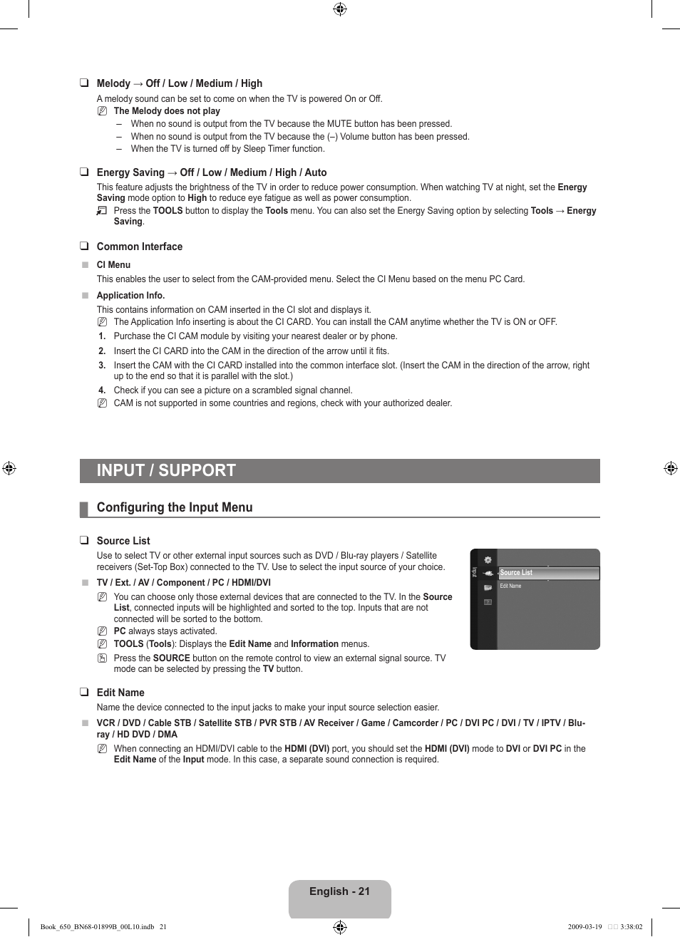 Input / support, Configuring the input menu | Samsung LE22B650T6W User Manual | Page 23 / 288