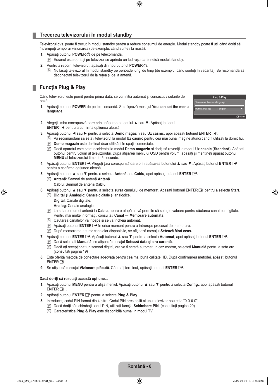 Trecerea televizorului în modul standby, Funcţia plug & play | Samsung LE22B650T6W User Manual | Page 234 / 288