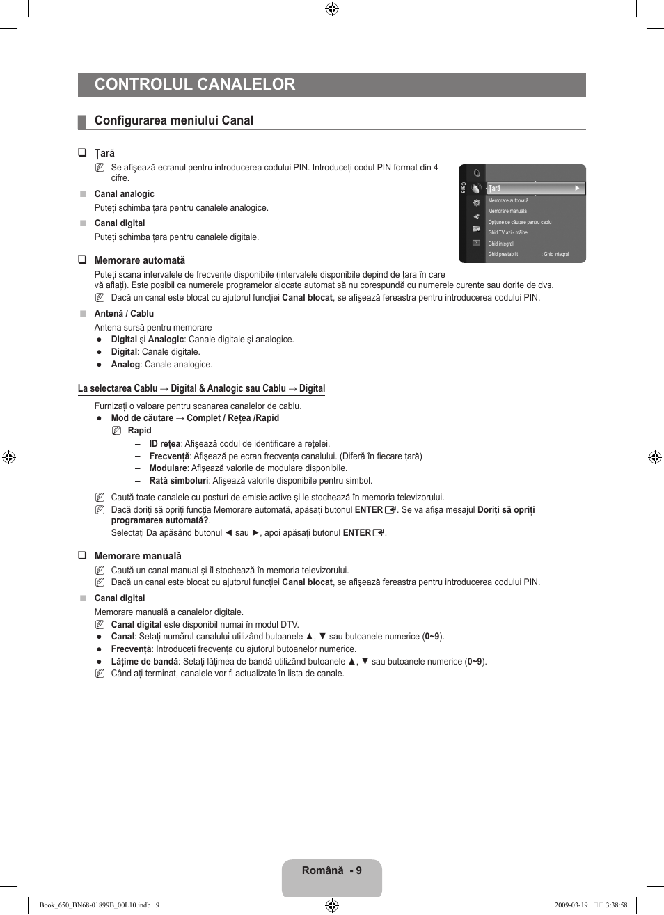 Controlul canalelor, Configurarea meniului canal | Samsung LE22B650T6W User Manual | Page 235 / 288