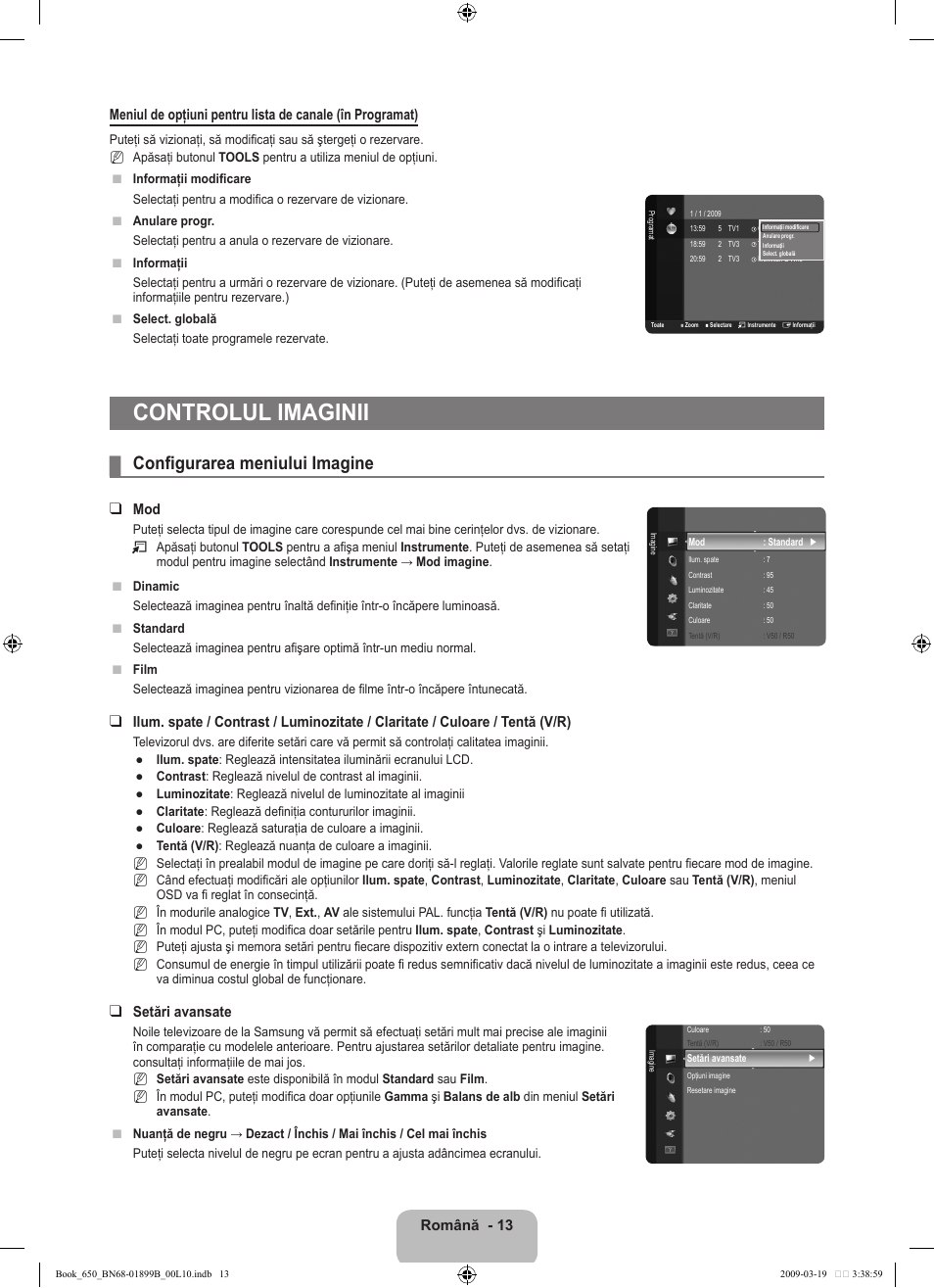 Controlul imaginii, Configurarea meniului imagine, Setări avansate | Samsung LE22B650T6W User Manual | Page 239 / 288