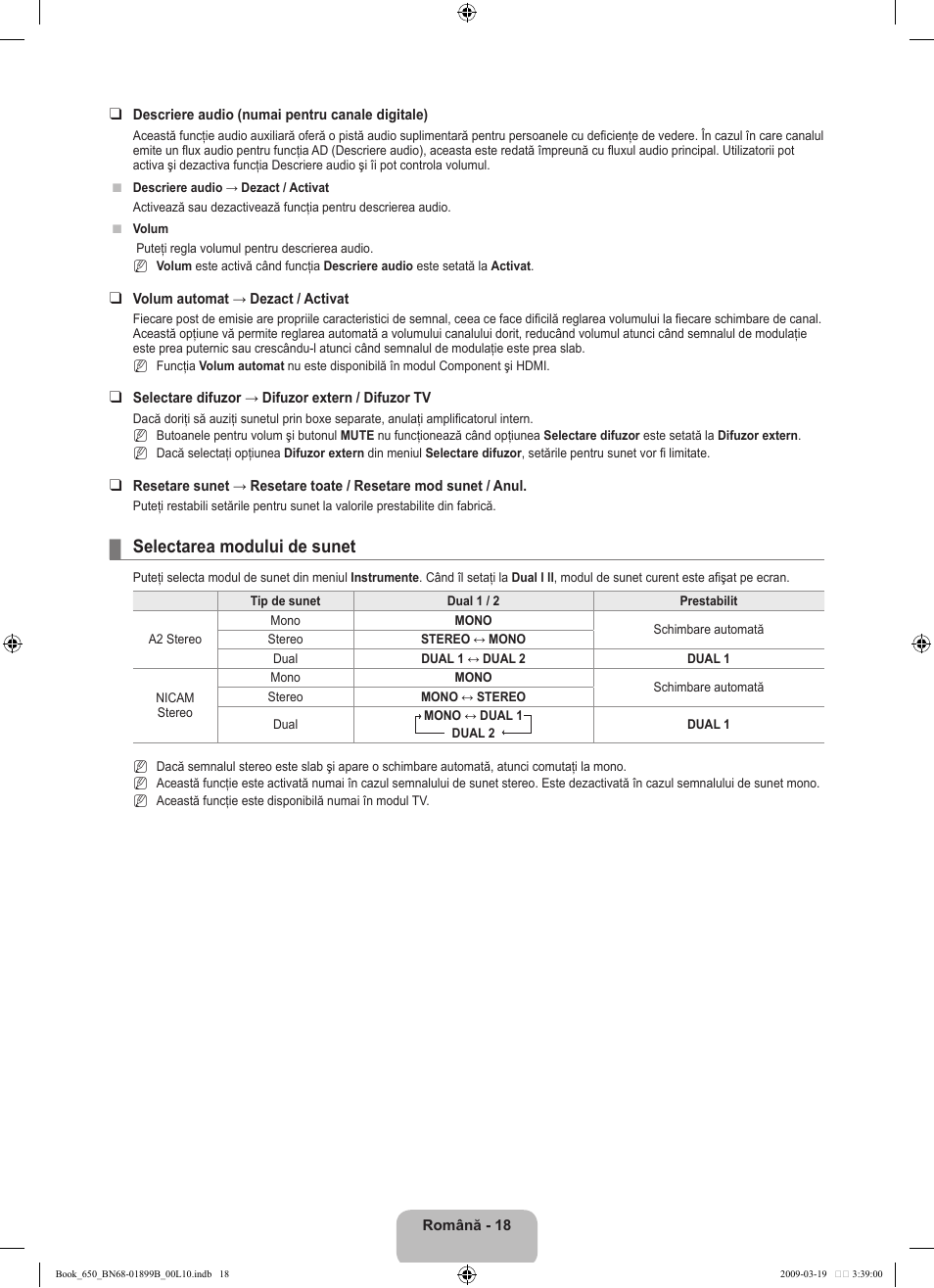 Selectarea modului de sunet | Samsung LE22B650T6W User Manual | Page 244 / 288