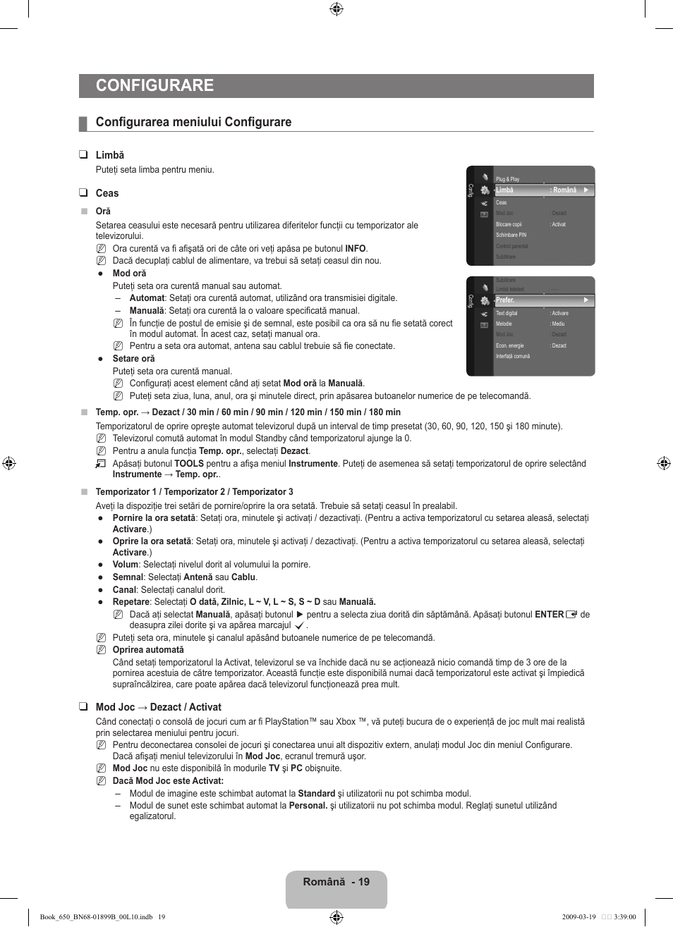 Configurare, Configurarea meniului configurare | Samsung LE22B650T6W User Manual | Page 245 / 288