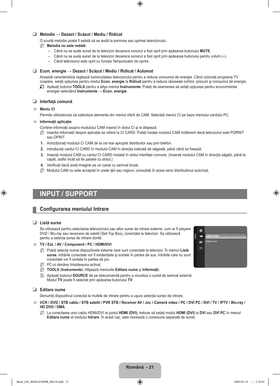 Input / support, Configurarea meniului intrare | Samsung LE22B650T6W User Manual | Page 247 / 288