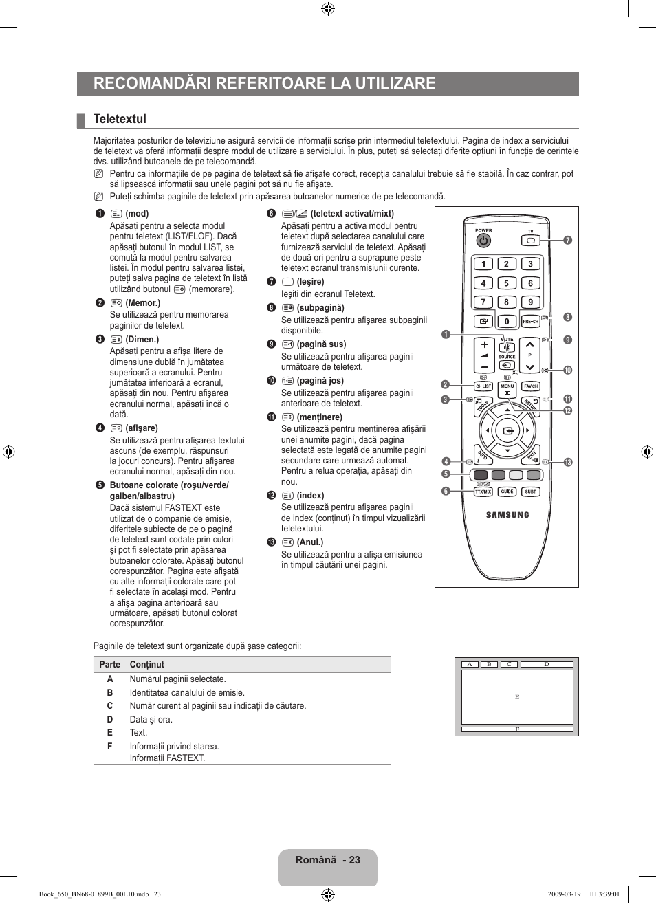 Recomandări referitoare la utilizare, Teletextul | Samsung LE22B650T6W User Manual | Page 249 / 288