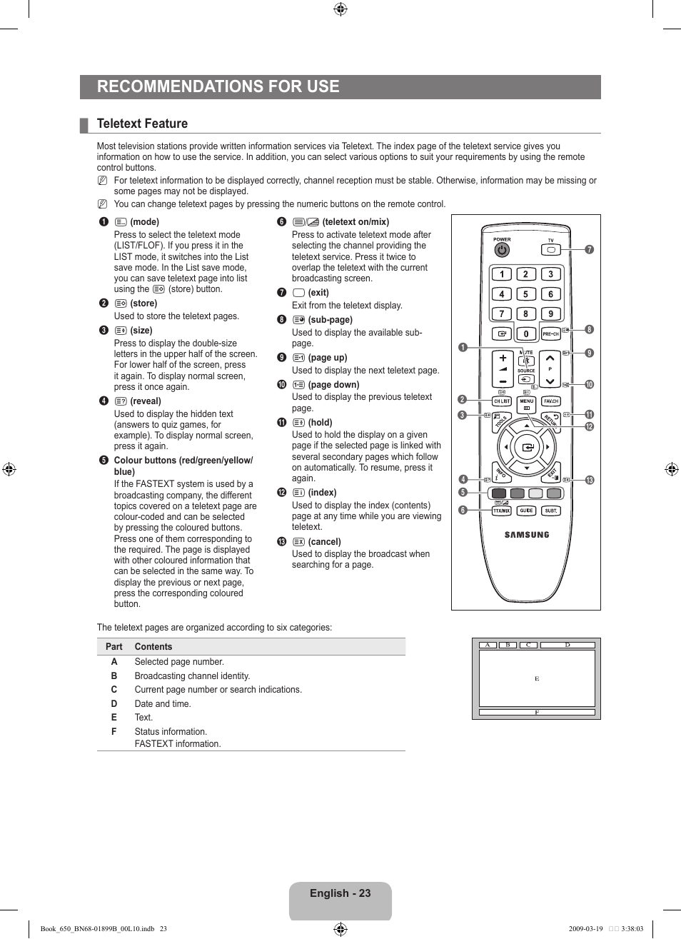 Recommendations for use, Teletext feature | Samsung LE22B650T6W User Manual | Page 25 / 288