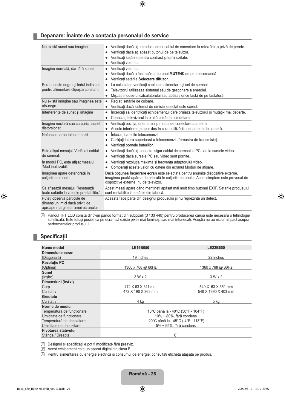 Specificaţii | Samsung LE22B650T6W User Manual | Page 252 / 288