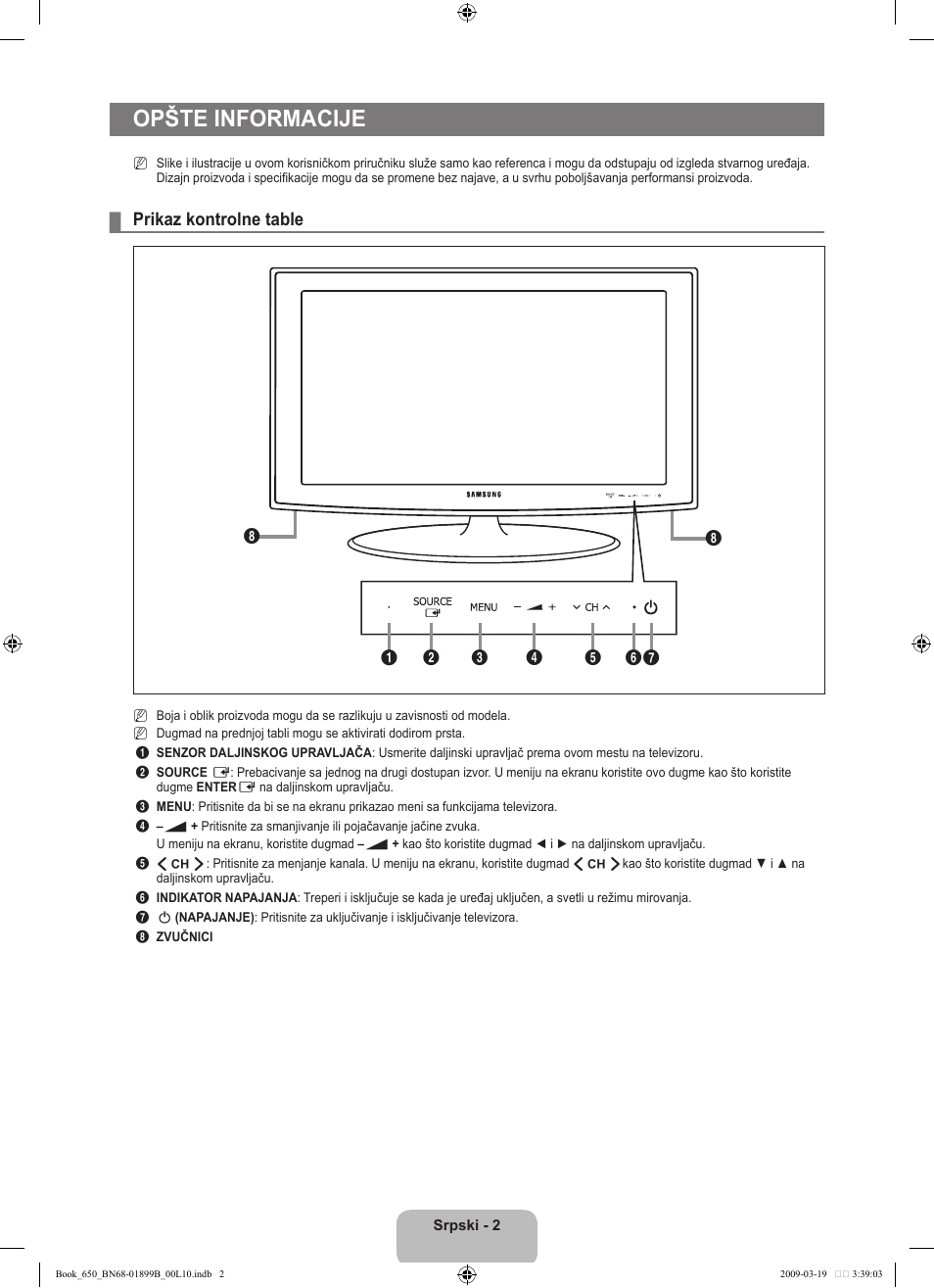 Opšte informacije, Prikaz kontrolne table | Samsung LE22B650T6W User Manual | Page 256 / 288