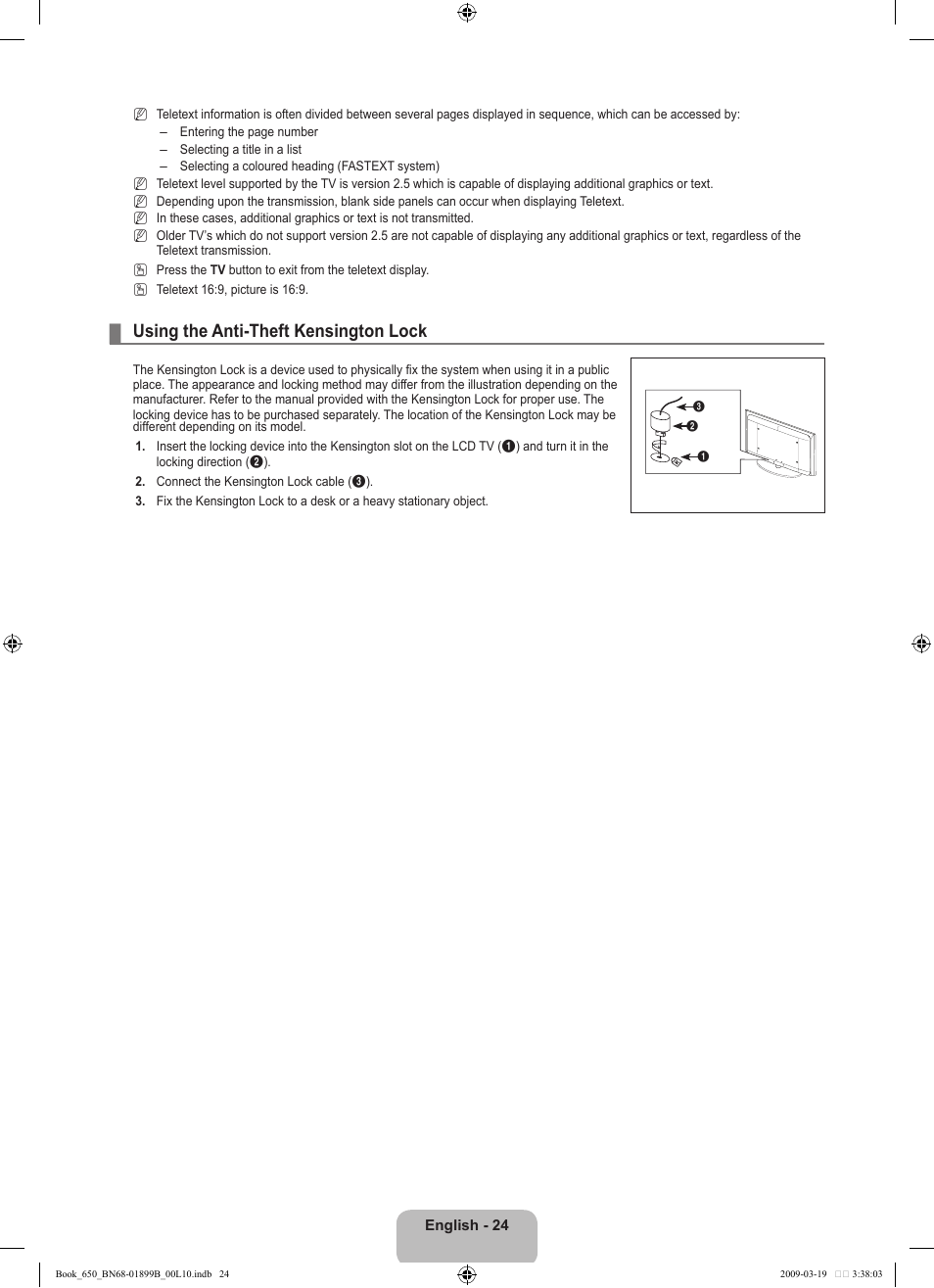 Using the anti-theft kensington lock | Samsung LE22B650T6W User Manual | Page 26 / 288