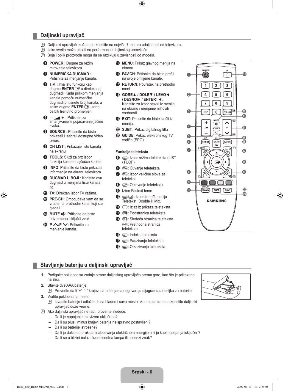 Daljinski upravljač, Stavljanje baterija u daljinski upravljač | Samsung LE22B650T6W User Manual | Page 260 / 288