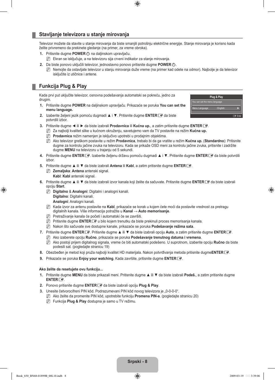 Stavljanje televizora u stanje mirovanja, Funkcija plug & play | Samsung LE22B650T6W User Manual | Page 262 / 288
