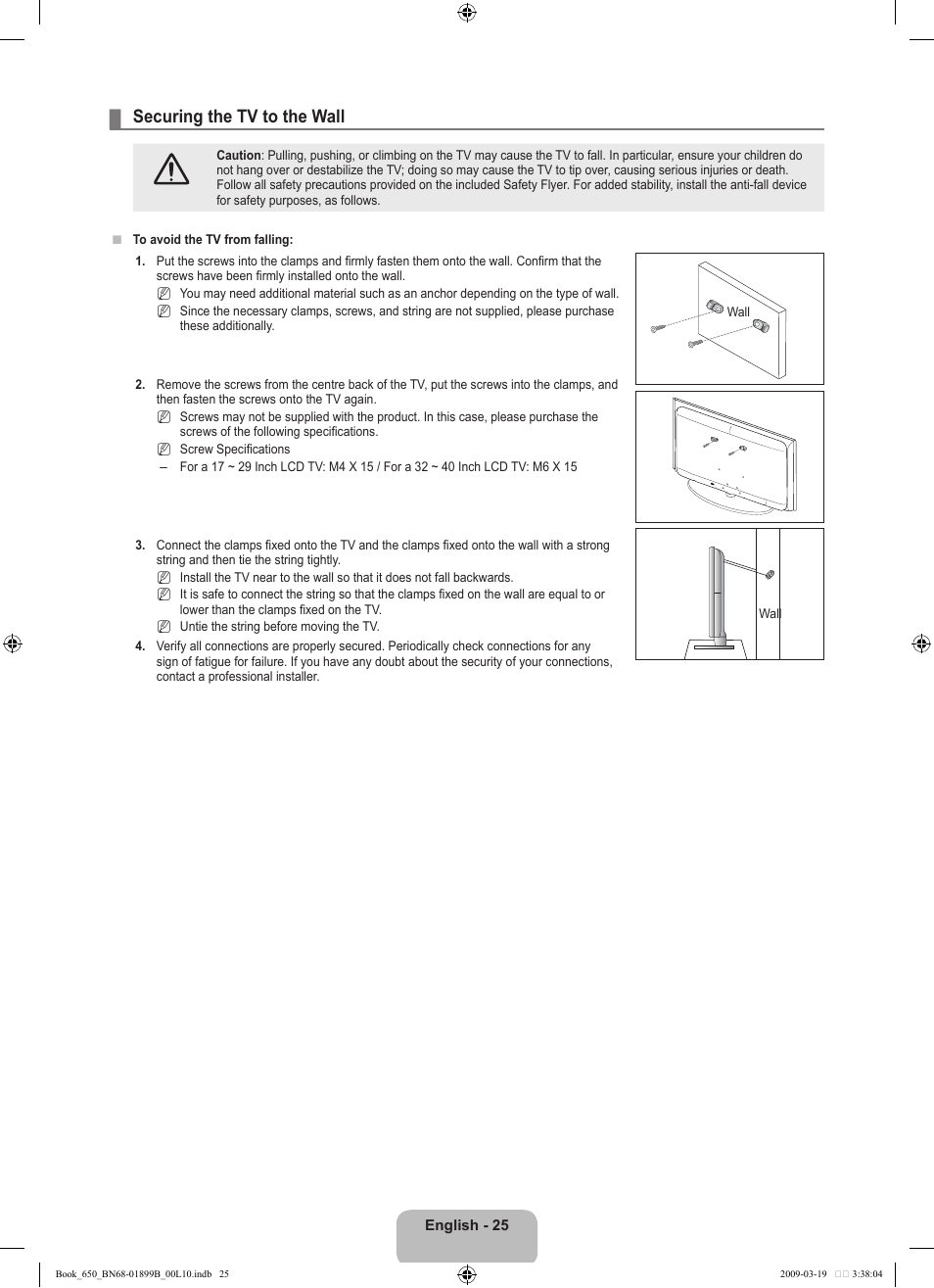 Securing the tv to the wall | Samsung LE22B650T6W User Manual | Page 27 / 288