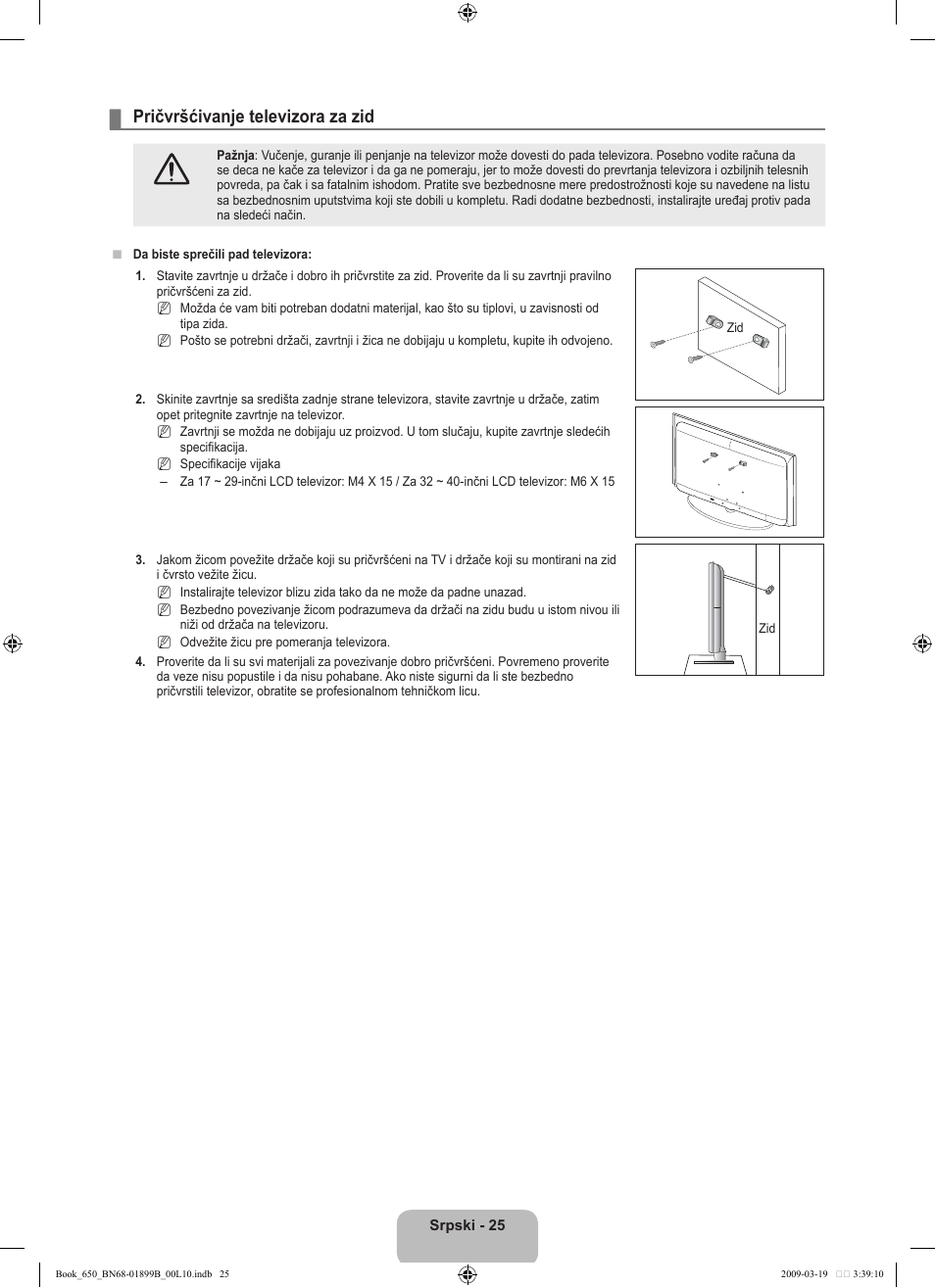 Pričvršćivanje televizora za zid | Samsung LE22B650T6W User Manual | Page 279 / 288