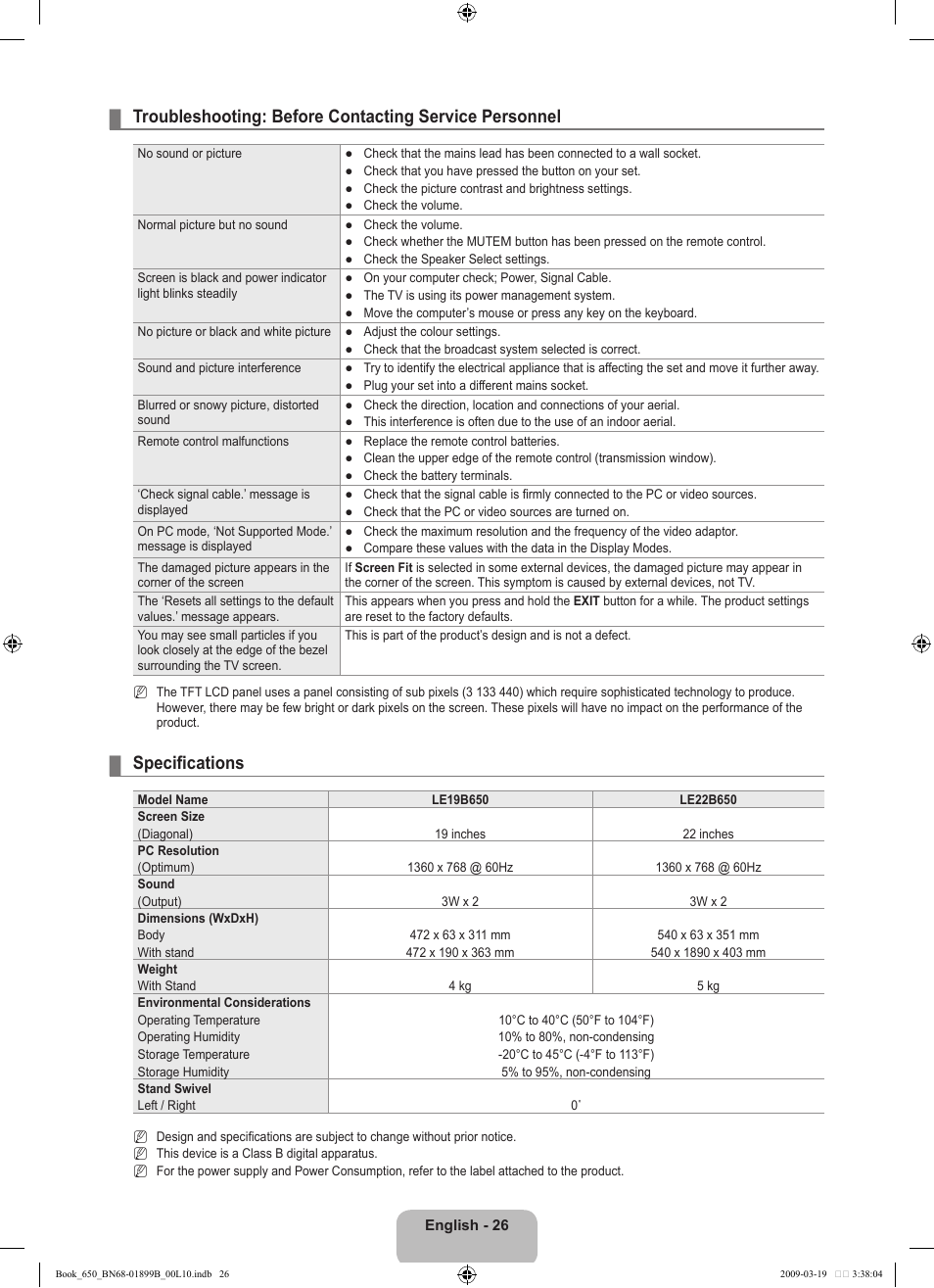 Specifications | Samsung LE22B650T6W User Manual | Page 28 / 288