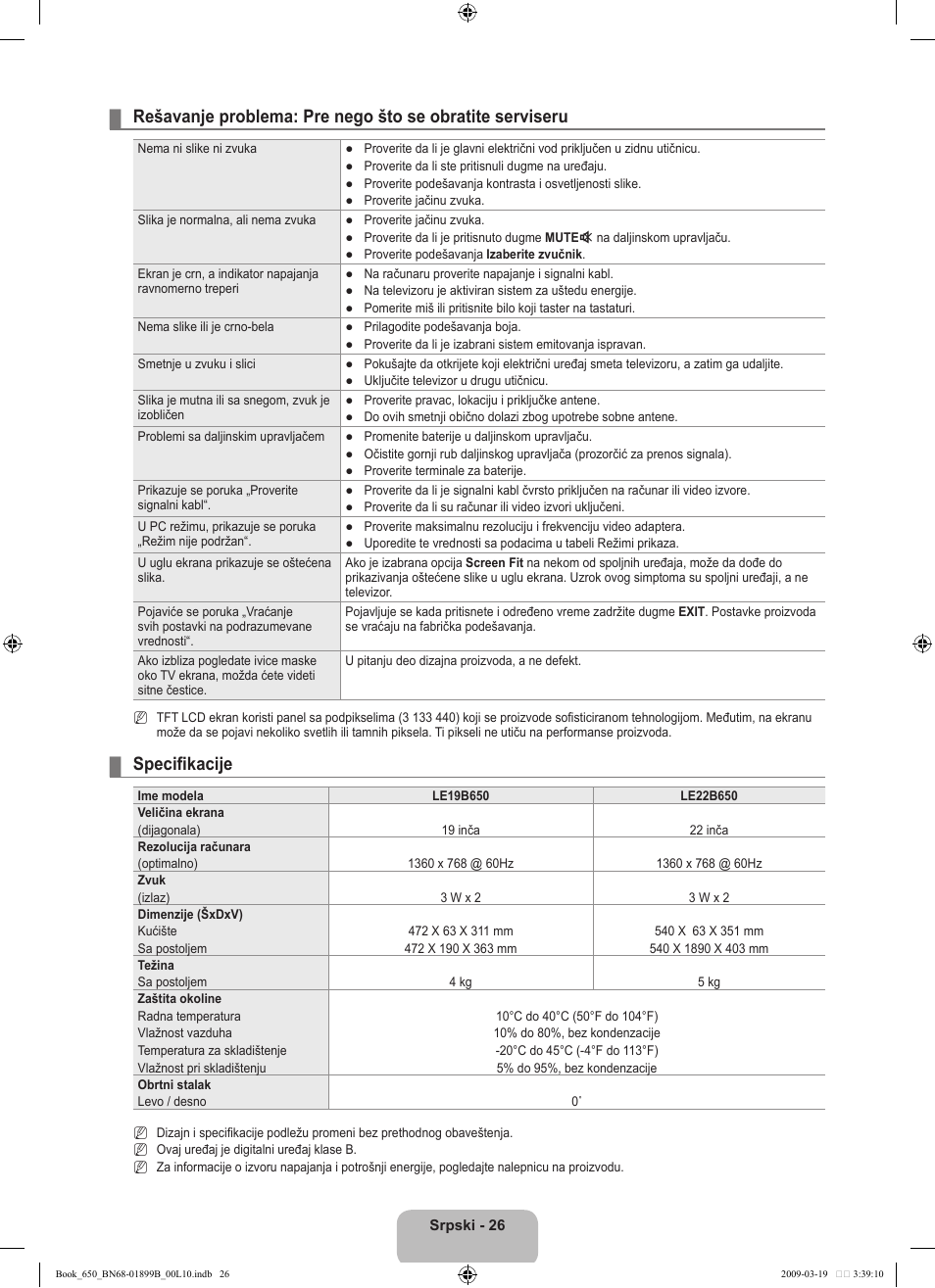 Specifikacije | Samsung LE22B650T6W User Manual | Page 280 / 288
