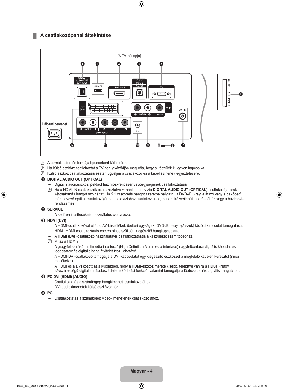 A csatlakozópanel áttekintése | Samsung LE22B650T6W User Manual | Page 34 / 288