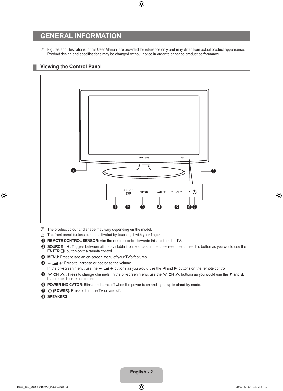 General information, Viewing the control panel | Samsung LE22B650T6W User Manual | Page 4 / 288