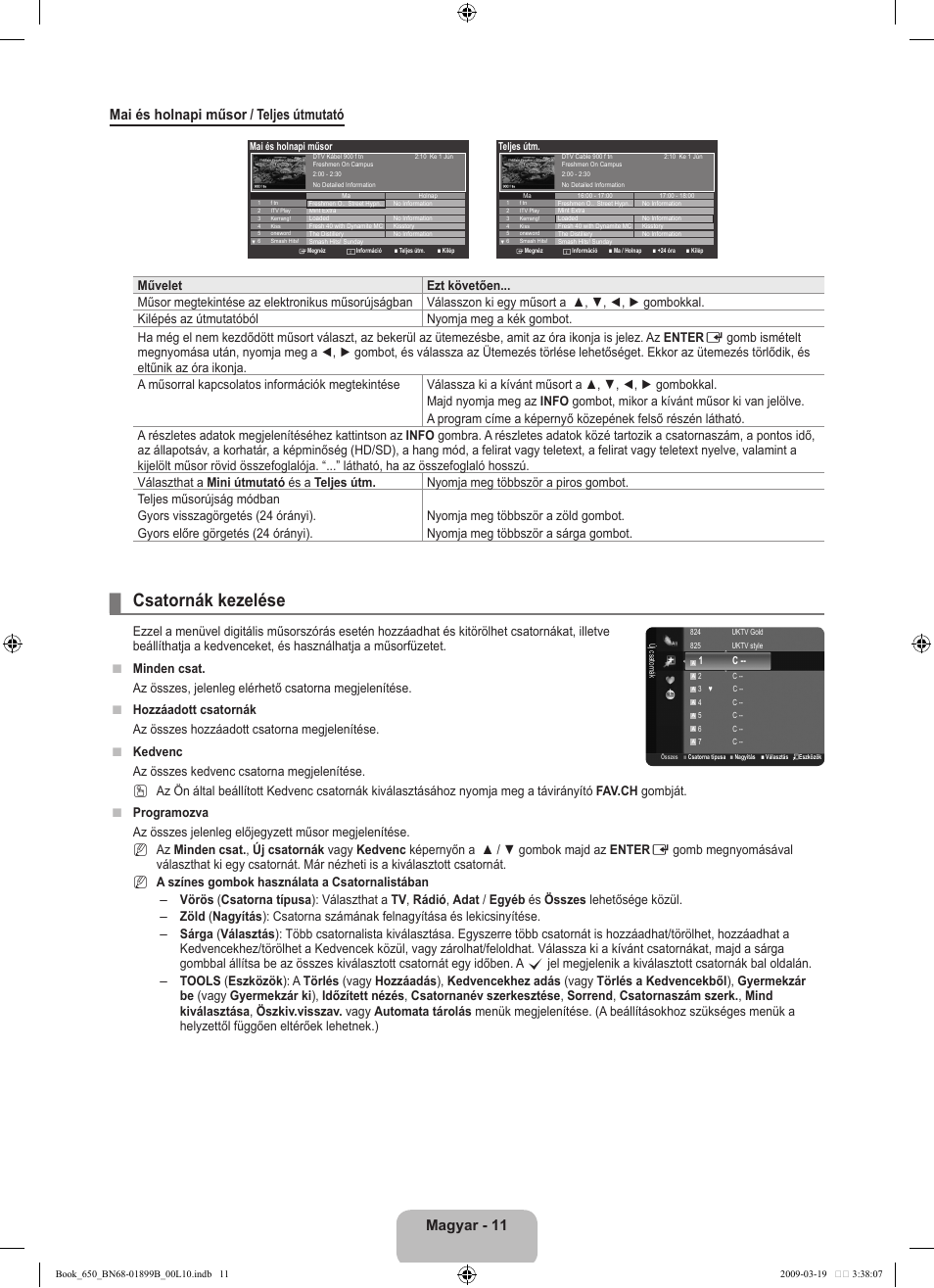 Csatornák kezelése, Magyar -  mai és holnapi műsor / teljes útmutató | Samsung LE22B650T6W User Manual | Page 41 / 288