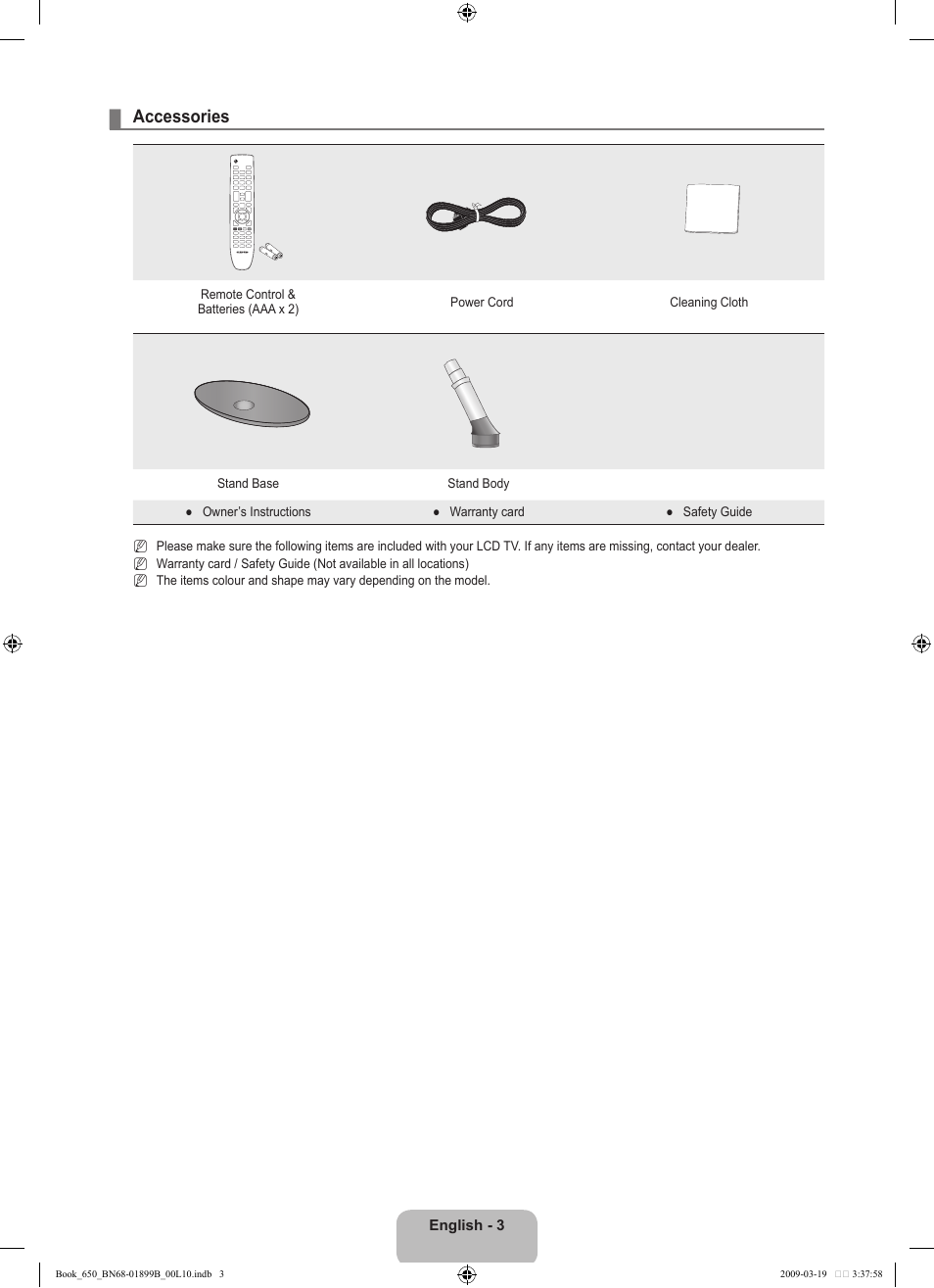 Accessories | Samsung LE22B650T6W User Manual | Page 5 / 288