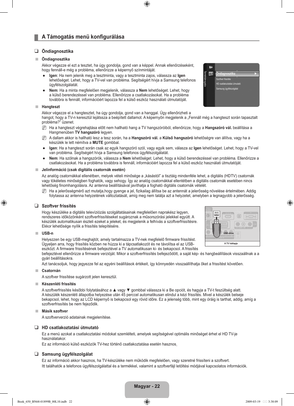 A támogatás menü konfigurálása | Samsung LE22B650T6W User Manual | Page 52 / 288