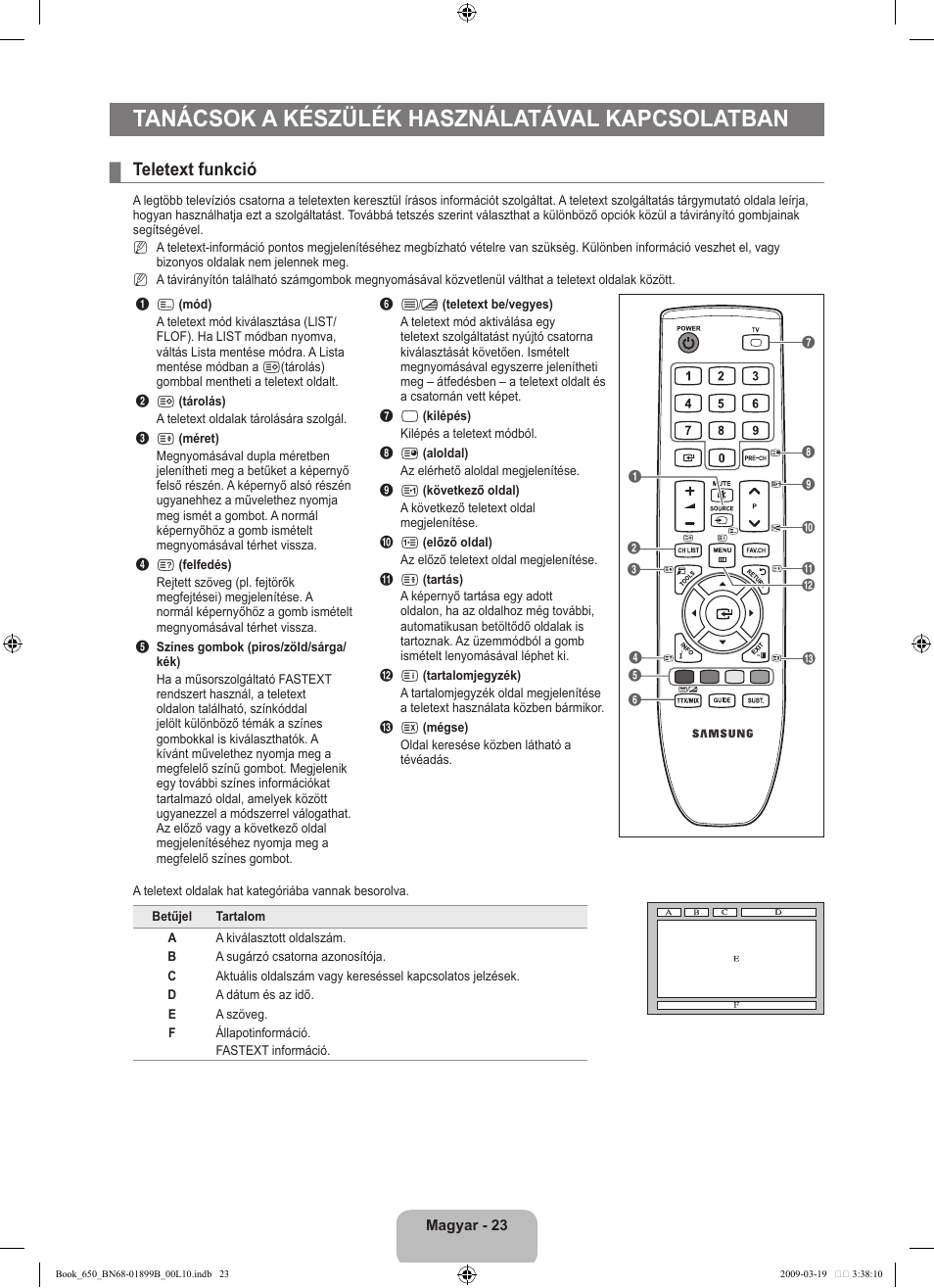 Tanácsok a készülék használatával kapcsolatban, Teletext funkció | Samsung LE22B650T6W User Manual | Page 53 / 288