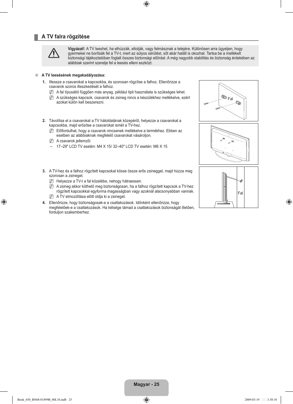 A tv falra rögzítése | Samsung LE22B650T6W User Manual | Page 55 / 288