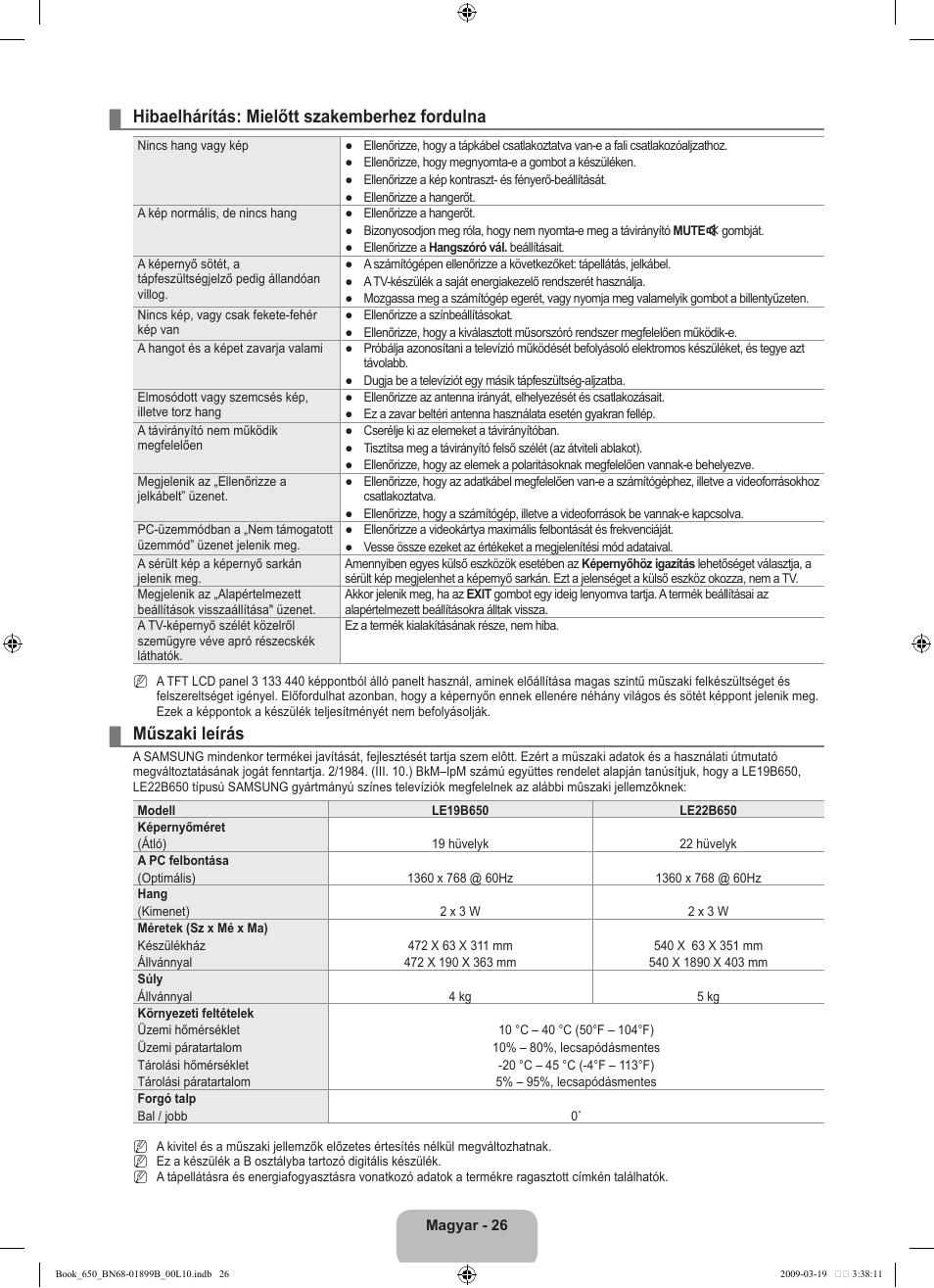 Hibaelhárítás: mielőtt szakemberhez fordulna, Műszaki leírás | Samsung LE22B650T6W User Manual | Page 56 / 288