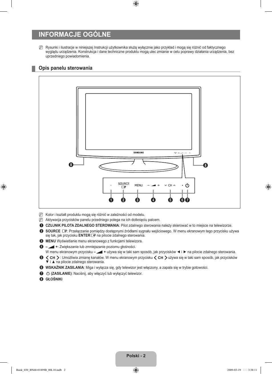 Informacje ogólne, Opis panelu sterowania | Samsung LE22B650T6W User Manual | Page 60 / 288