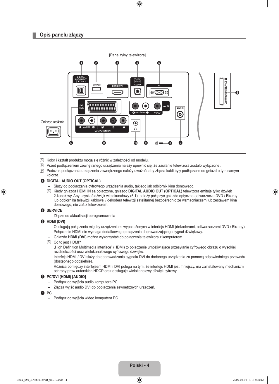 Opis panelu złączy | Samsung LE22B650T6W User Manual | Page 62 / 288