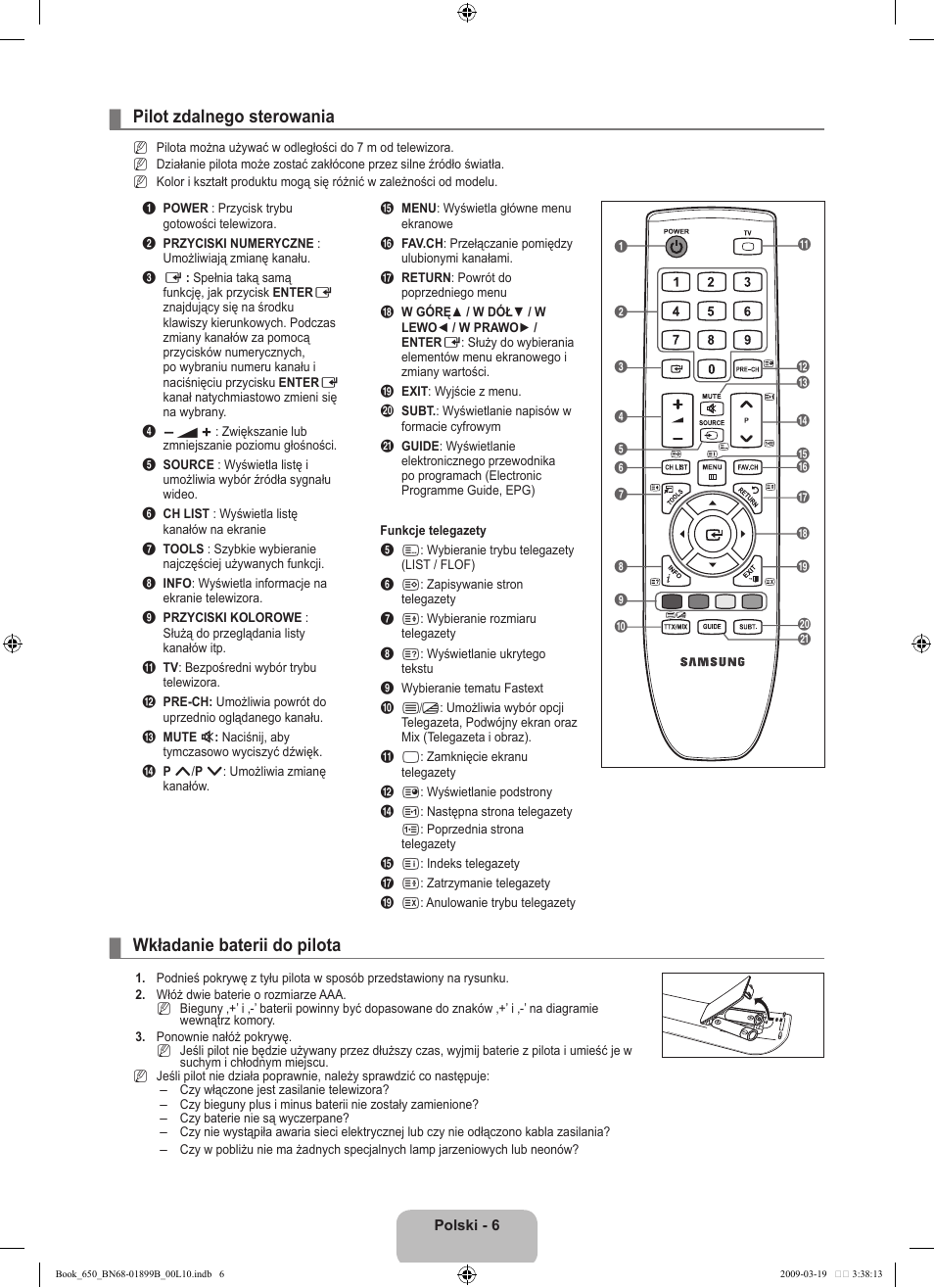 Pilot zdalnego sterowania, Wkładanie baterii do pilota | Samsung LE22B650T6W User Manual | Page 64 / 288