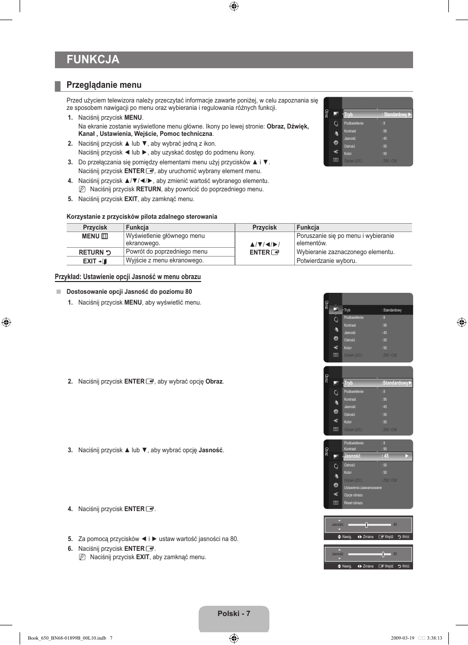 Funkcja, Przeglądanie menu, Polski | Przykład: ustawienie opcji jasność w menu obrazu | Samsung LE22B650T6W User Manual | Page 65 / 288