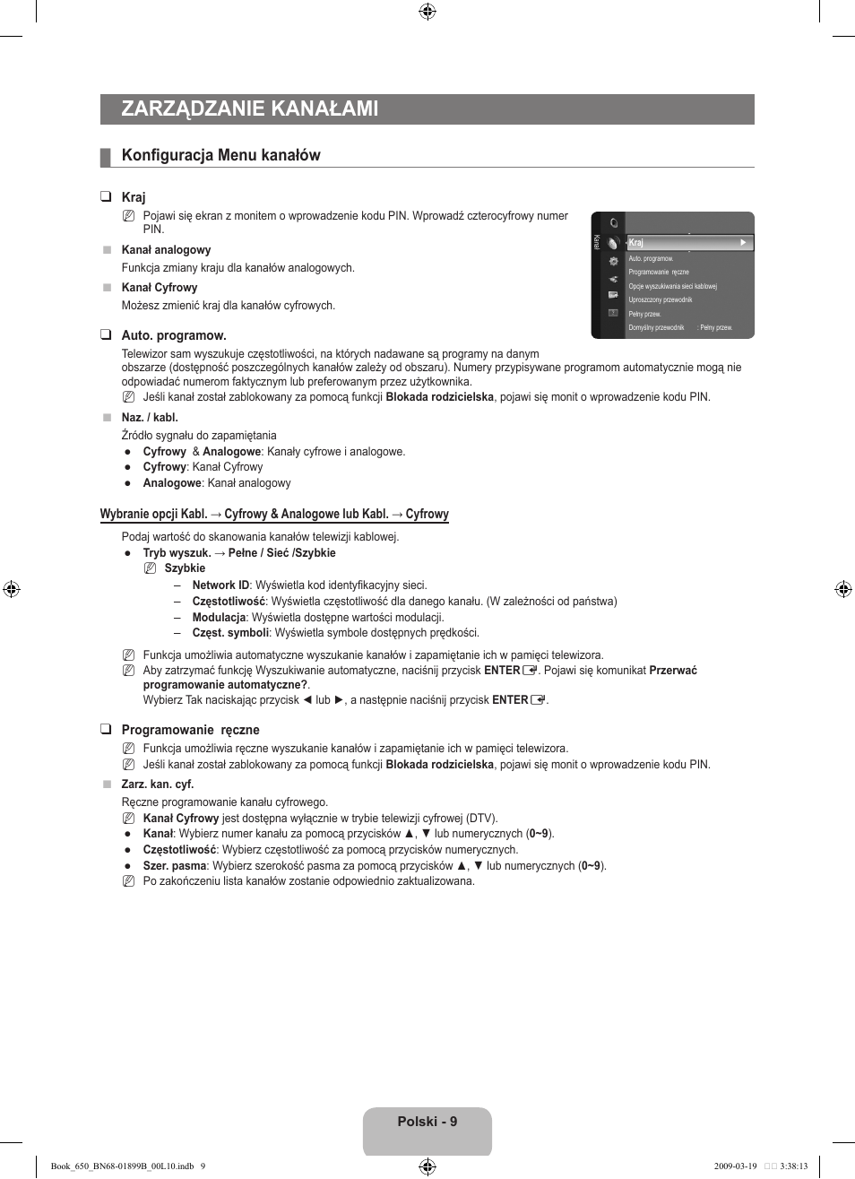 Zarządzanie kanałami, Konfiguracja menu kanałów | Samsung LE22B650T6W User Manual | Page 67 / 288