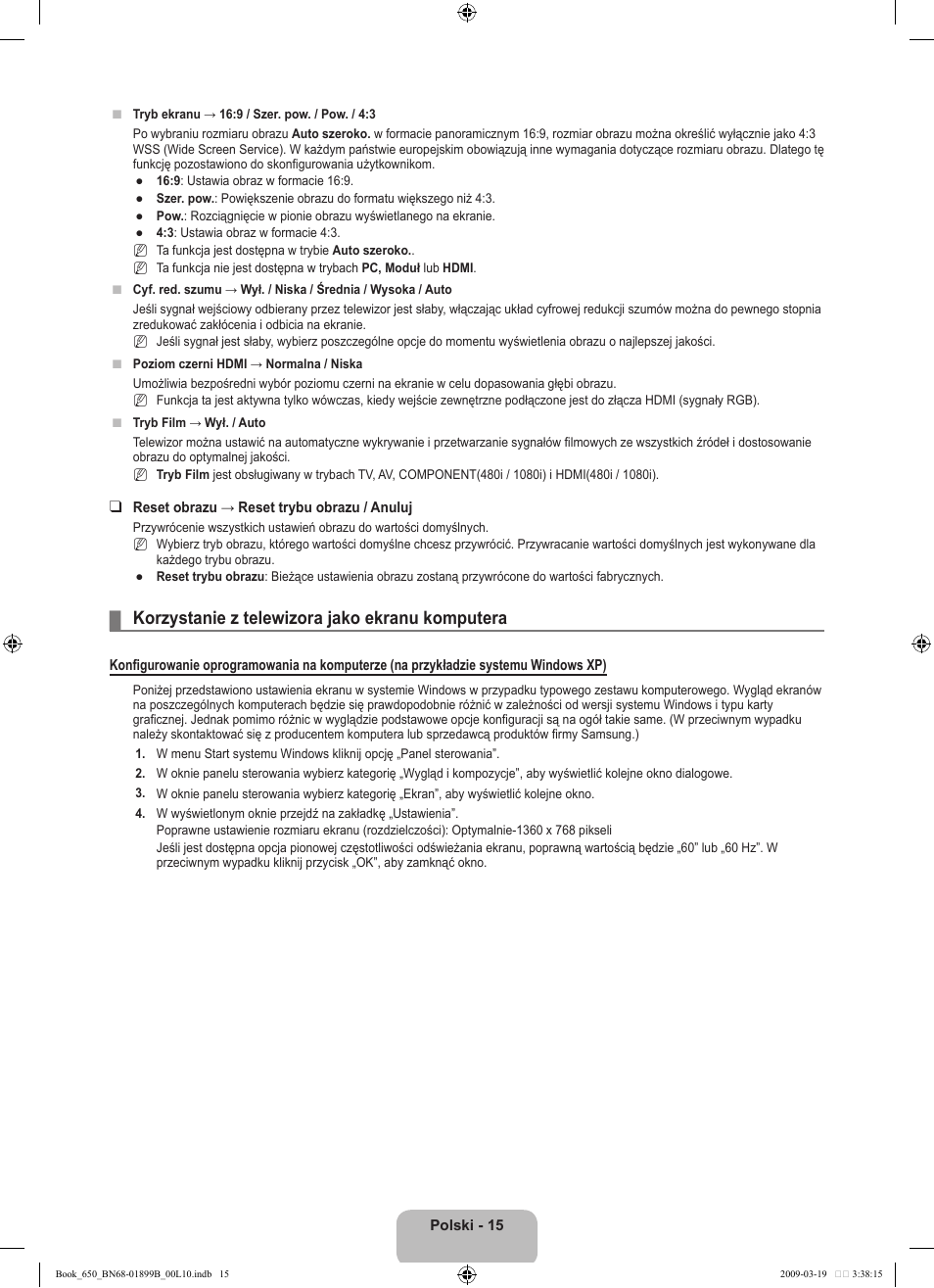 Korzystanie z telewizora jako ekranu komputera | Samsung LE22B650T6W User Manual | Page 73 / 288
