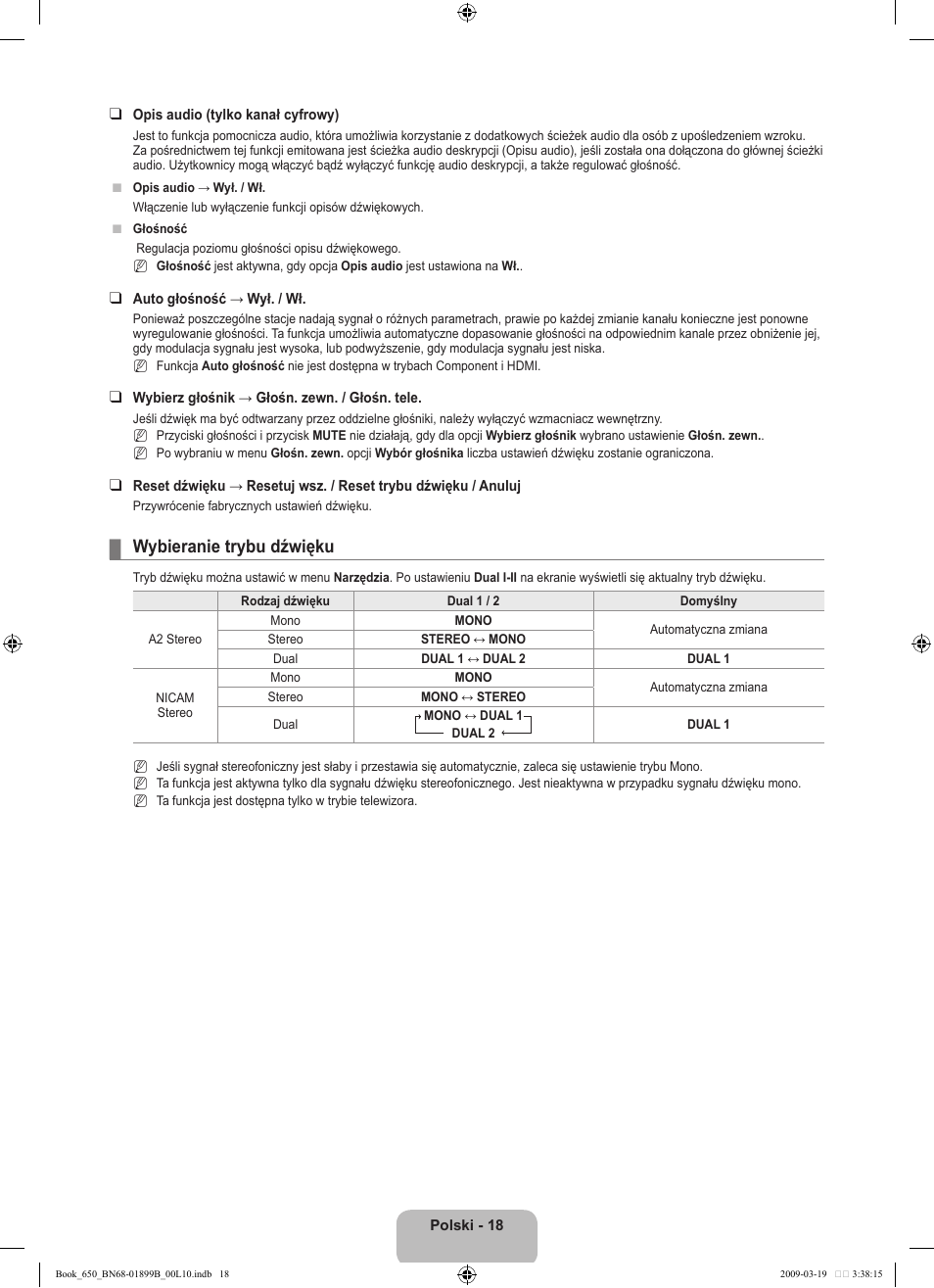 Wybieranie trybu dźwięku | Samsung LE22B650T6W User Manual | Page 76 / 288