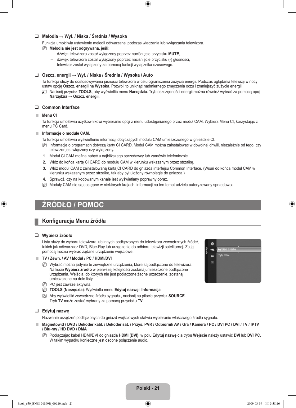 Źródło / pomoc, Konfiguracja menu źródła | Samsung LE22B650T6W User Manual | Page 79 / 288