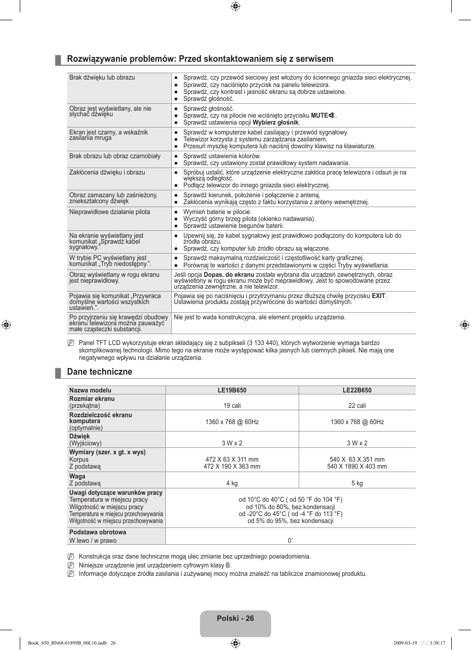 Dane techniczne | Samsung LE22B650T6W User Manual | Page 84 / 288