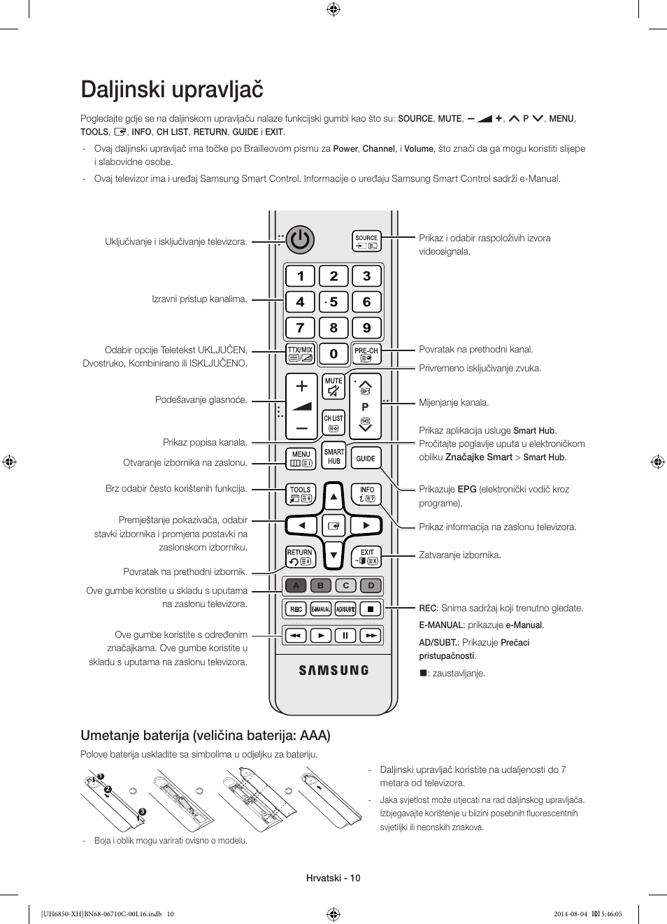 Daljinski upravljač, Umetanje baterija (veličina baterija: aaa) | Samsung UE48H6850AW User Manual | Page 120 / 354