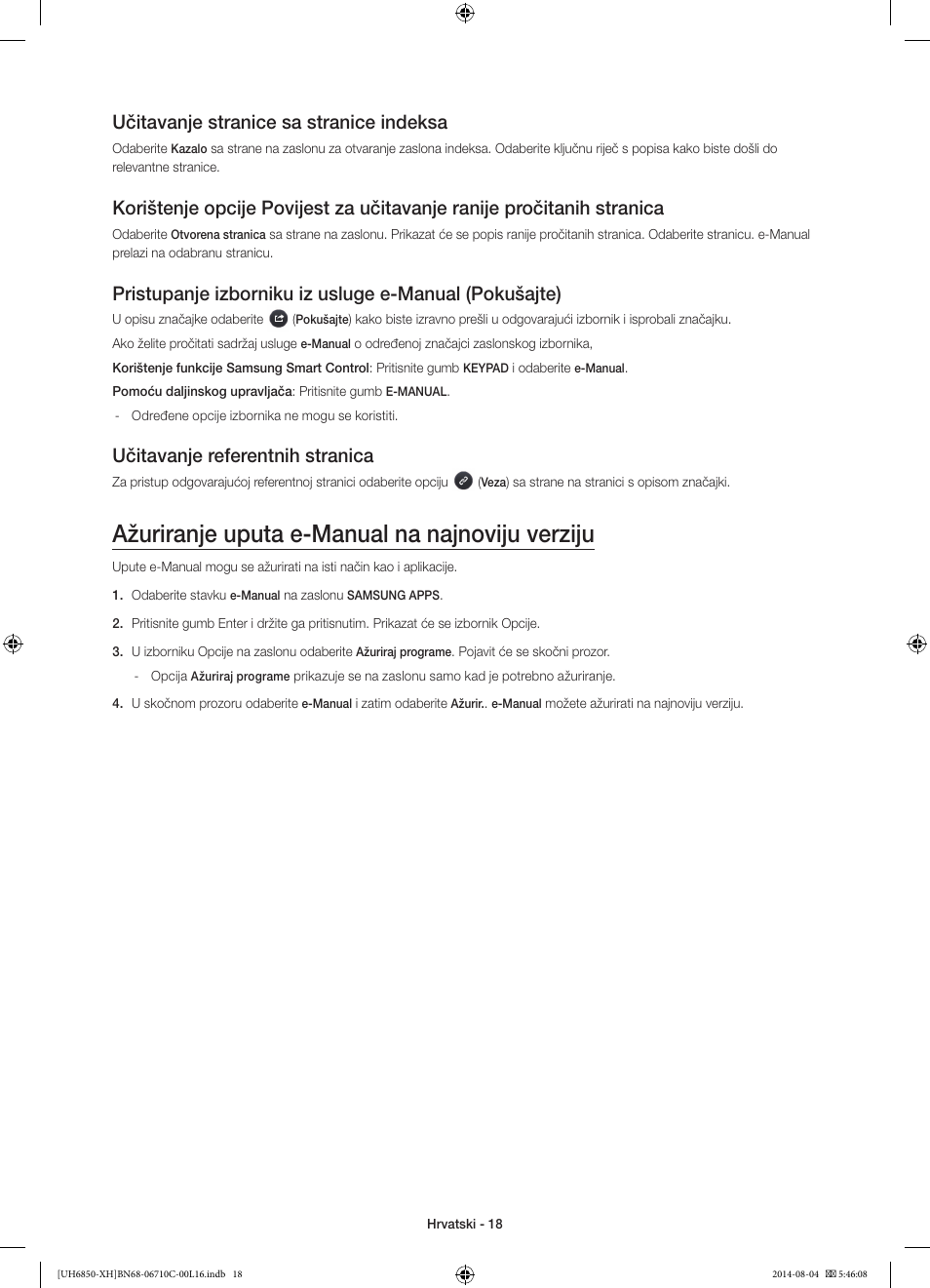 Ažuriranje uputa e-manual na najnoviju verziju, Učitavanje stranice sa stranice indeksa, Učitavanje referentnih stranica | Samsung UE48H6850AW User Manual | Page 128 / 354