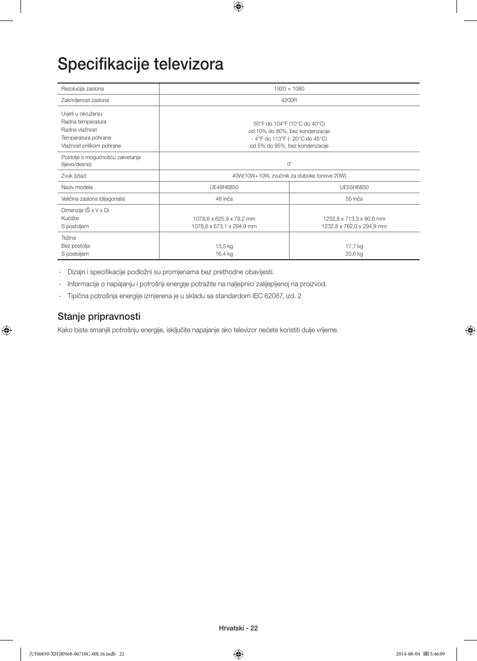 Specifikacije televizora, Stanje pripravnosti | Samsung UE48H6850AW User Manual | Page 132 / 354