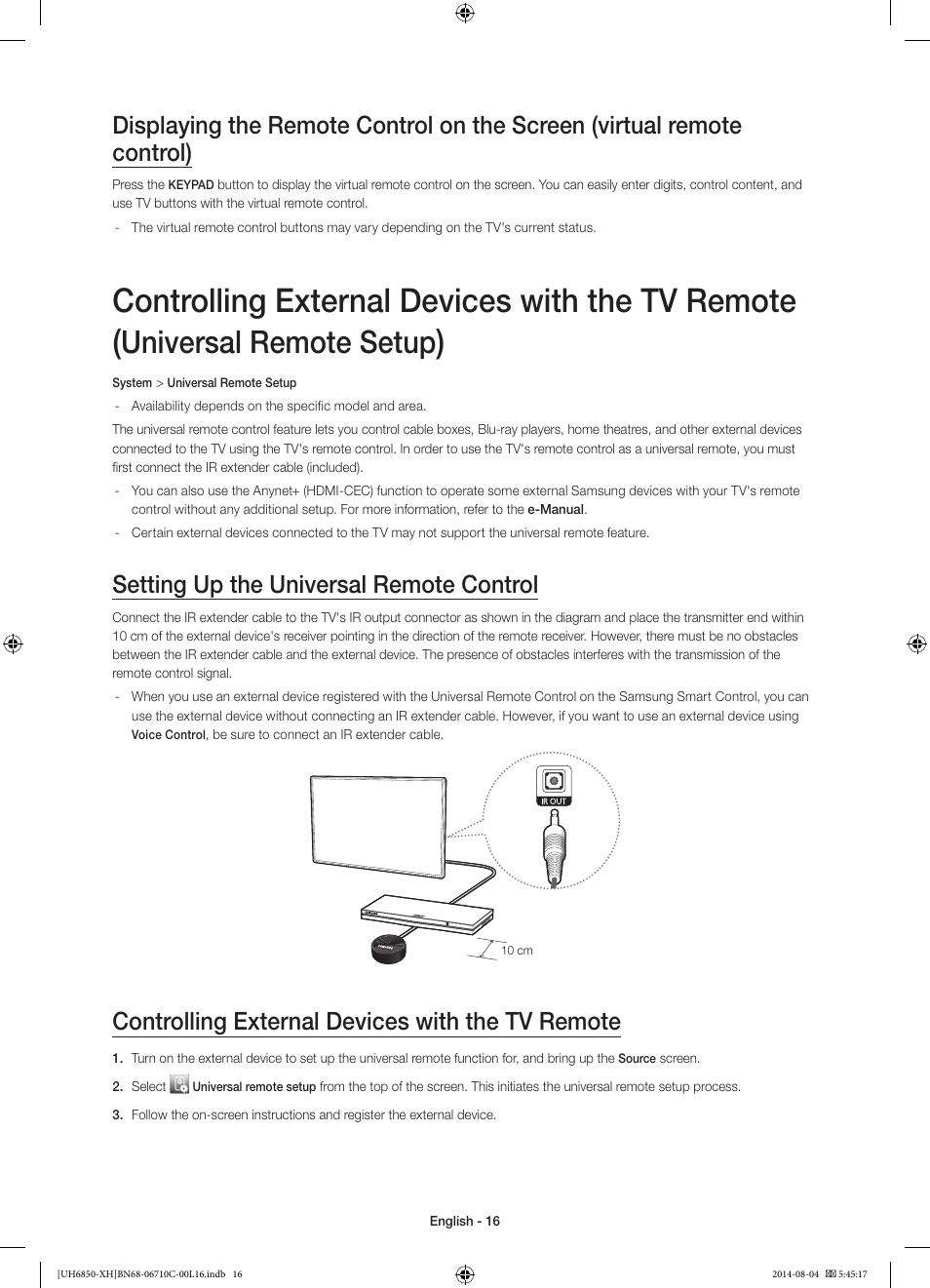 Controlling external devices with the tv remote, Universal remote setup, Setting up the universal remote control | Samsung UE48H6850AW User Manual | Page 16 / 354