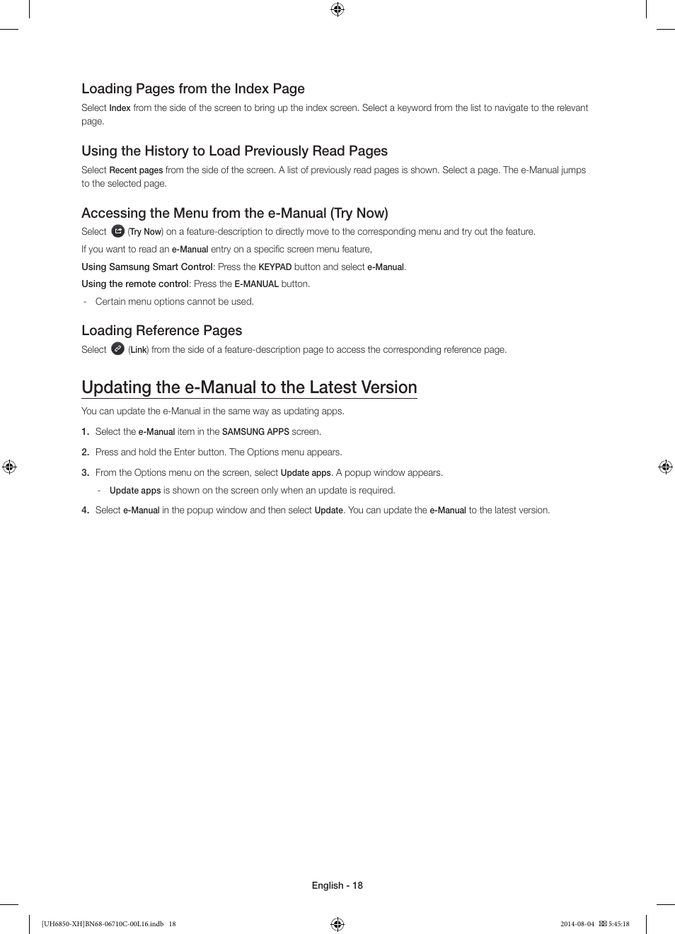 Updating the e-manual to the latest version, Loading pages from the index page, Using the history to load previously read pages | Accessing the menu from the e-manual (try now), Loading reference pages | Samsung UE48H6850AW User Manual | Page 18 / 354