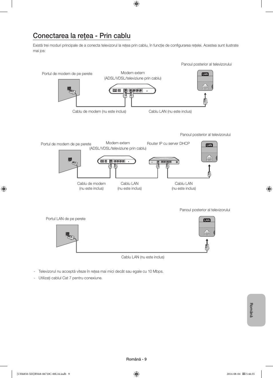 Conectarea la reţea - prin cablu | Samsung UE48H6850AW User Manual | Page 185 / 354