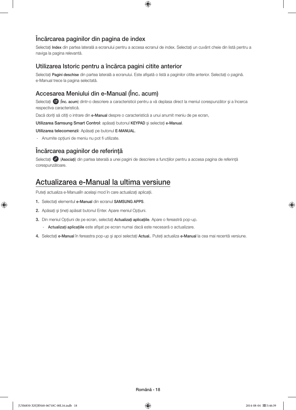 Actualizarea e-manual la ultima versiune, Încărcarea paginilor din pagina de index, Accesarea meniului din e-manual (înc. acum) | Încărcarea paginilor de referinţă | Samsung UE48H6850AW User Manual | Page 194 / 354