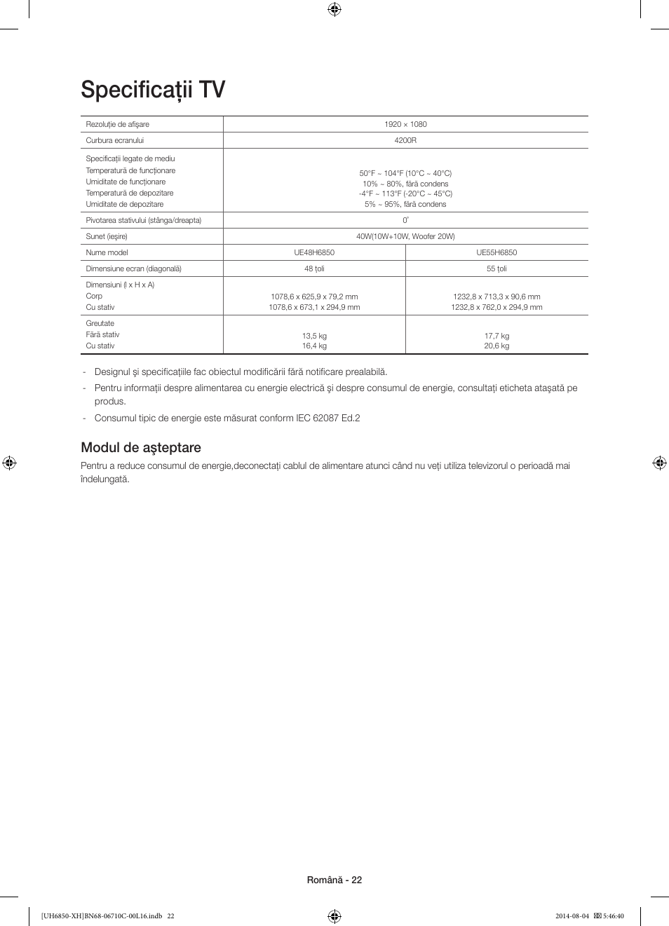 Specificaţii tv, Modul de aşteptare | Samsung UE48H6850AW User Manual | Page 198 / 354