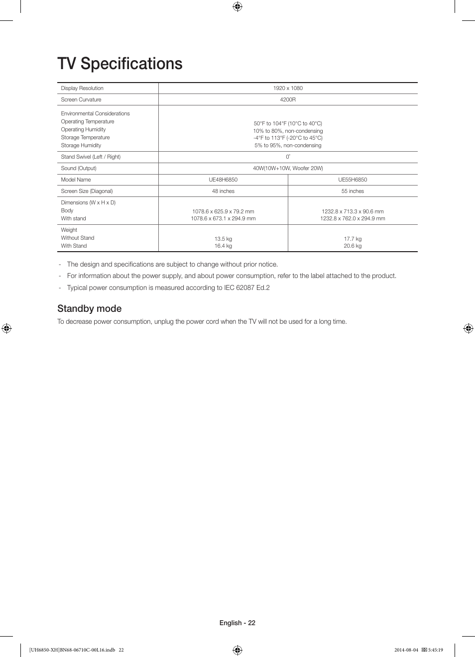 Tv specifications, Standby mode | Samsung UE48H6850AW User Manual | Page 22 / 354